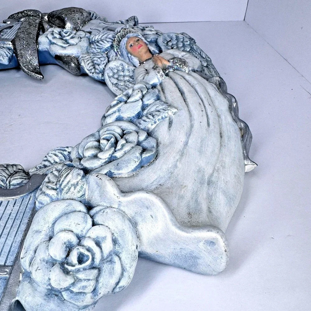 Large Praying Angel‎ Wreath Wall Decor Religious Roses Harp Blue Resin 15 Inch